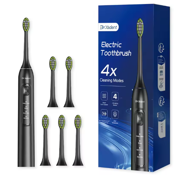 DrYadent Sonic Electric Toothbrush, USB-C Fast Charging, IPX7 Waterproof, 6 Replacement Brush Heads, 4 Smart Modes for Sensitive Care