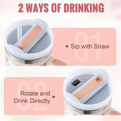 40oz Insulated Tumbler with Handle & Straw – Stainless Steel Spill-Proof Travel Mug with Lid, Vacuum Coffee Cup for Car, Gym, Office, or Valentine’s Gift (Bay leaves)