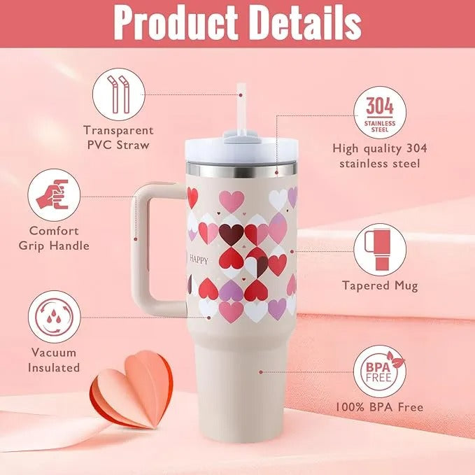 40oz Insulated Tumbler with Handle & Straw – Stainless Steel Spill-Proof Travel Mug with Lid, Vacuum Coffee Cup for Car, Gym, Office, or Valentine’s Gift (Bay leaves)