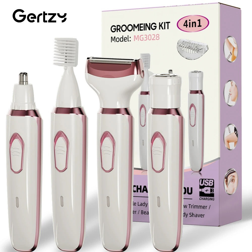 4-in-1 Rechargeable Electric Razor for Women – Painless Wet & Dry Shaver and Trimmer for Face, Nose, Legs, Underarms & Bikini Area