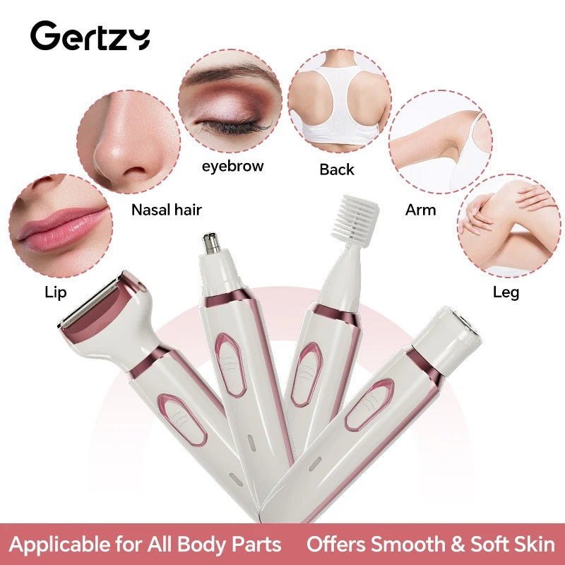 4-in-1 Rechargeable Electric Razor for Women – Painless Wet & Dry Shaver and Trimmer for Face, Nose, Legs, Underarms & Bikini Area