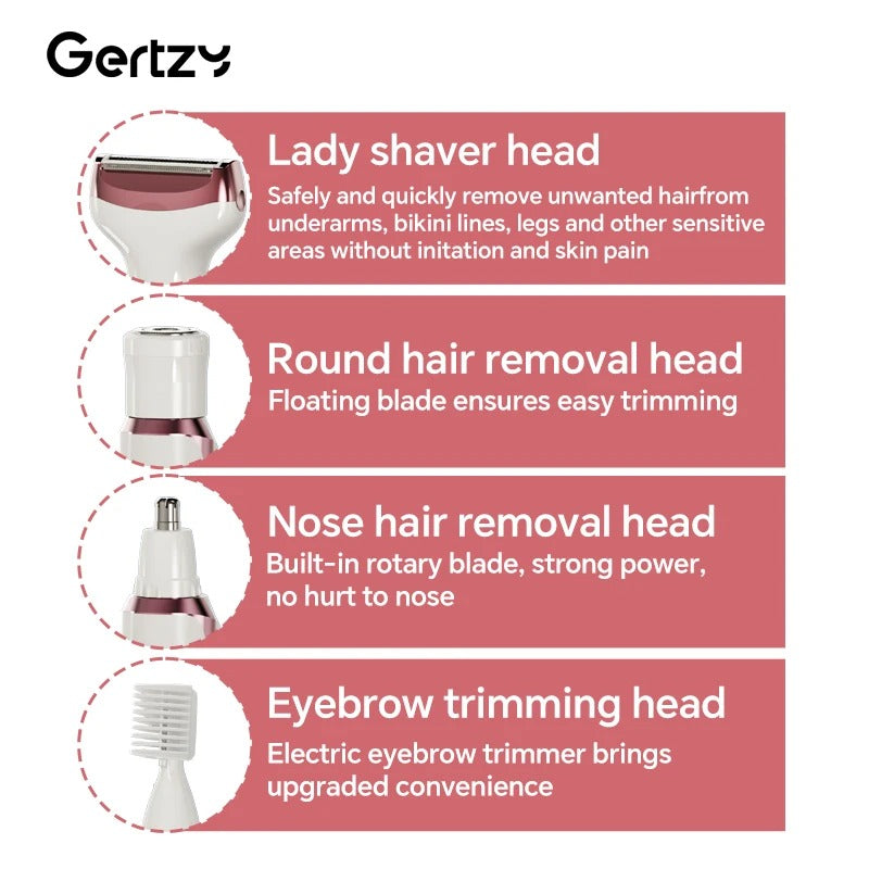 4-in-1 Rechargeable Electric Razor for Women – Painless Wet & Dry Shaver and Trimmer for Face, Nose, Legs, Underarms & Bikini Area
