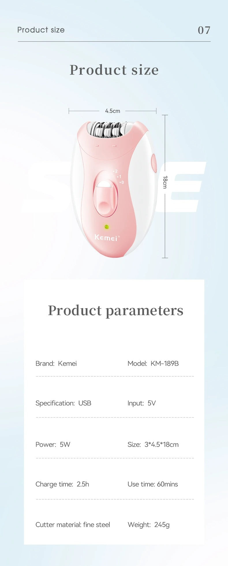 Kemei KM-189B Electric Epilator for Women – Waterproof, Rechargeable Shaver with 2-Speed Settings for Legs & Bikini Area