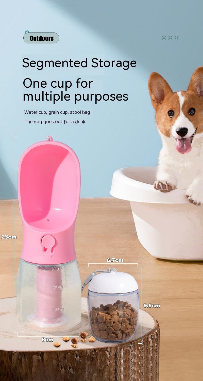 3-in-1 Portable Dog Water Bottle with Food Container & Waste Bag Dispenser – Multi-Functional Pet Travel Cup (Cherry Blossom Pink)