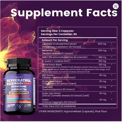 Resveratrol NAD+ Berberine & Quercetin – Anti-Aging, Antioxidant, Metabolism Support & Nerve Protection