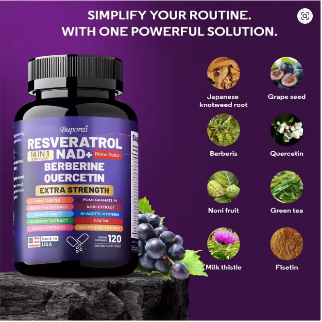 Resveratrol NAD+ Berberine & Quercetin – Anti-Aging, Antioxidant, Metabolism Support & Nerve Protection