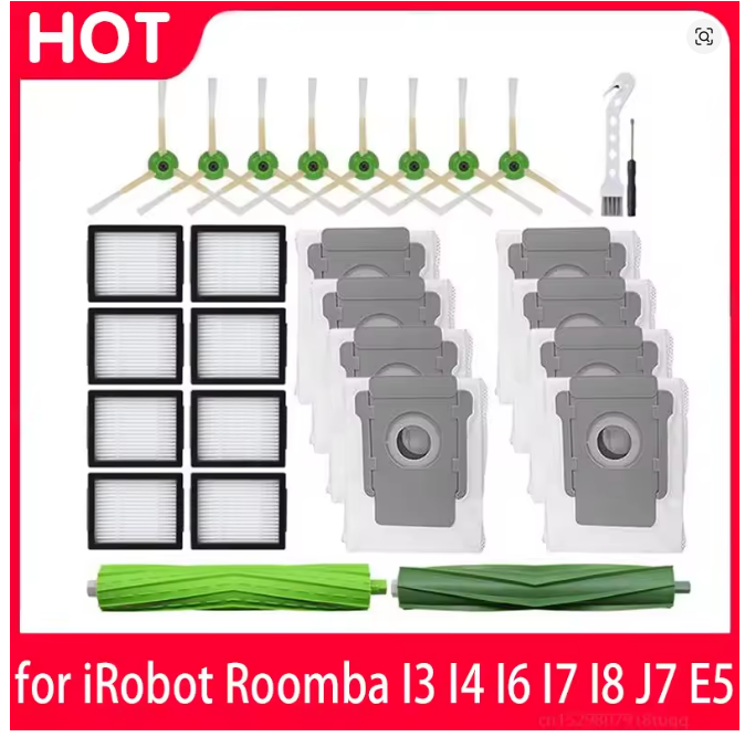 iRobot Roomba Replacement Parts Kit for I7/I7+, I3/I3+, I4/I4+, I6/I6+, I8/I8+, J7/J7+, E5/E6/E7 – Filter, Main Brush, Mop Cloth, Dust Bag, and Bracket